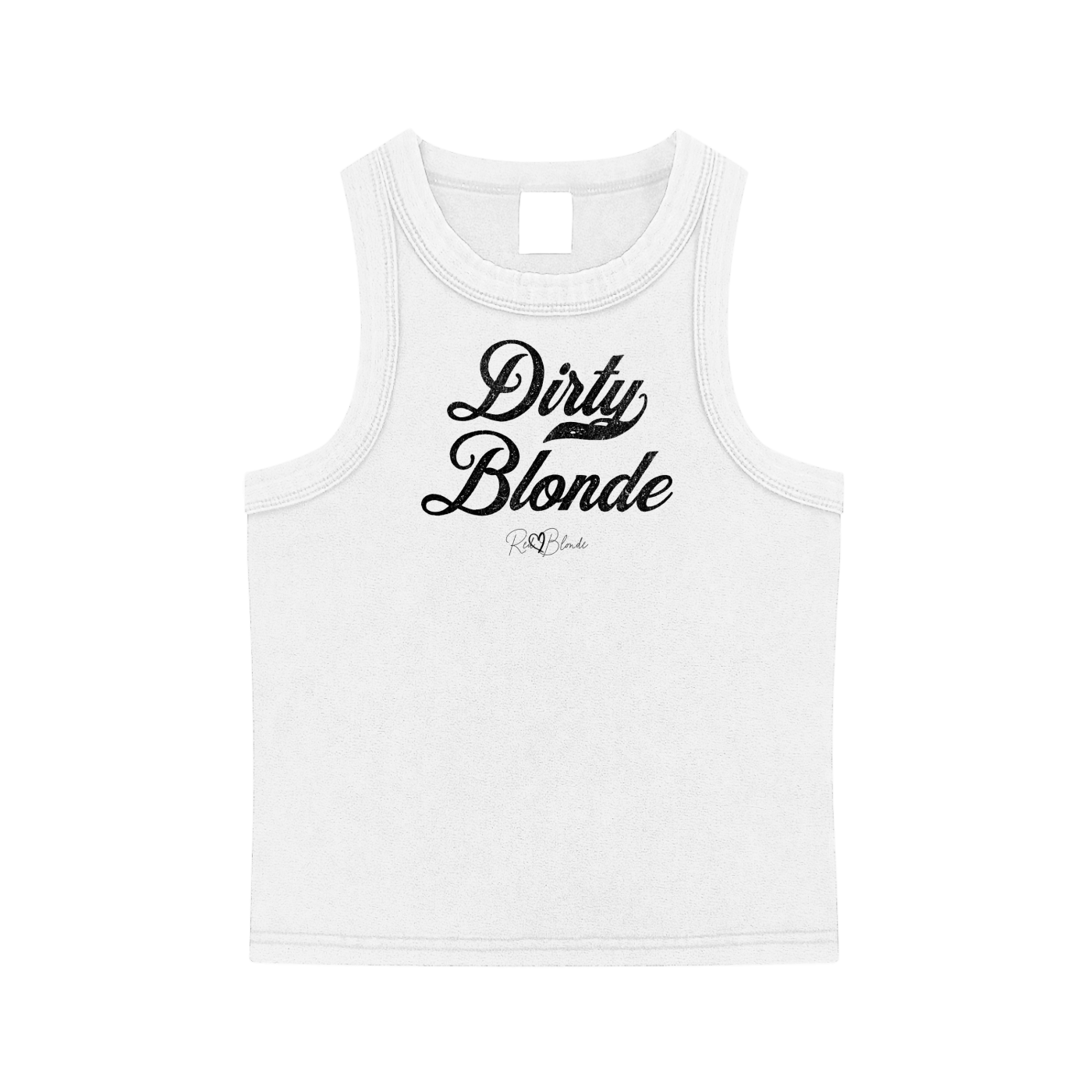 white snow-wash tank top with raw-edge seams and the phrase ‘Dirty Blonde’ printed in vintage Milkstore Black font across the chest, featuring the RedBlonde logo underneath