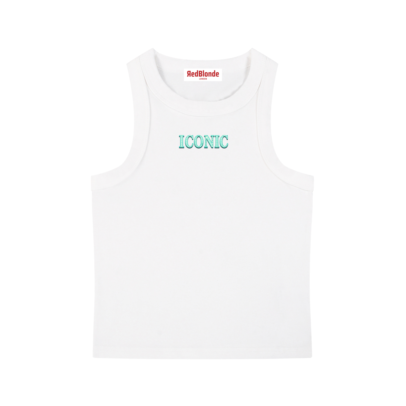 RedBlonde cropped white tank top with centred aqua blue diamanté-effect "ICONIC" graphic print, scoop neck, sleeveless