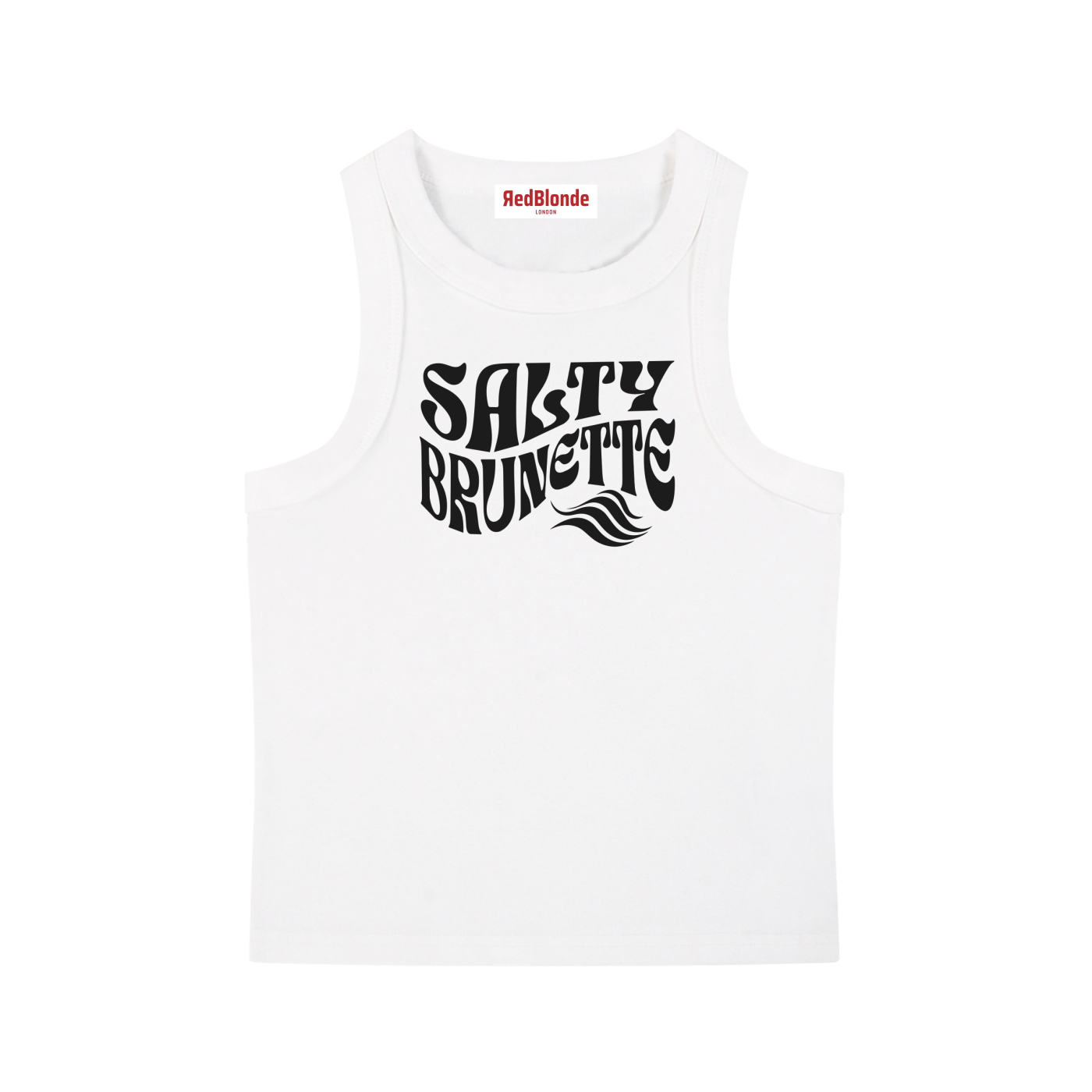 white sleeveless crop tank top with a high neckline, featuring a black Solino Display retro-style “Salty Brunette” font graphic across the chest and a RedBlonde London neck label
