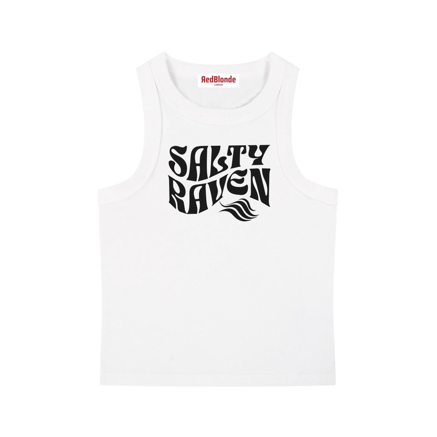 white sleeveless crop tank top with a high neckline, featuring a black Solino Display retro-style “Salty Raven” font graphic across the chest and a RedBlonde London neck label