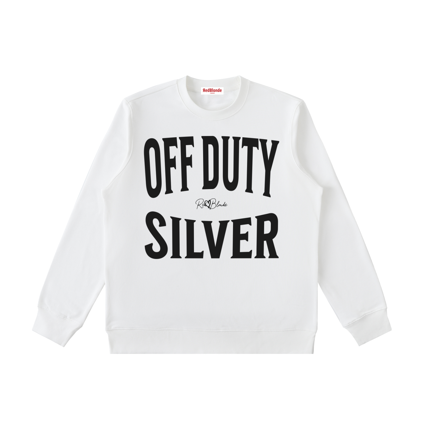 white crewneck sweatshirt with a large black“OFF DUTY SILVER” graphic across the chest and a small RedBlonde script logo centered between the words.