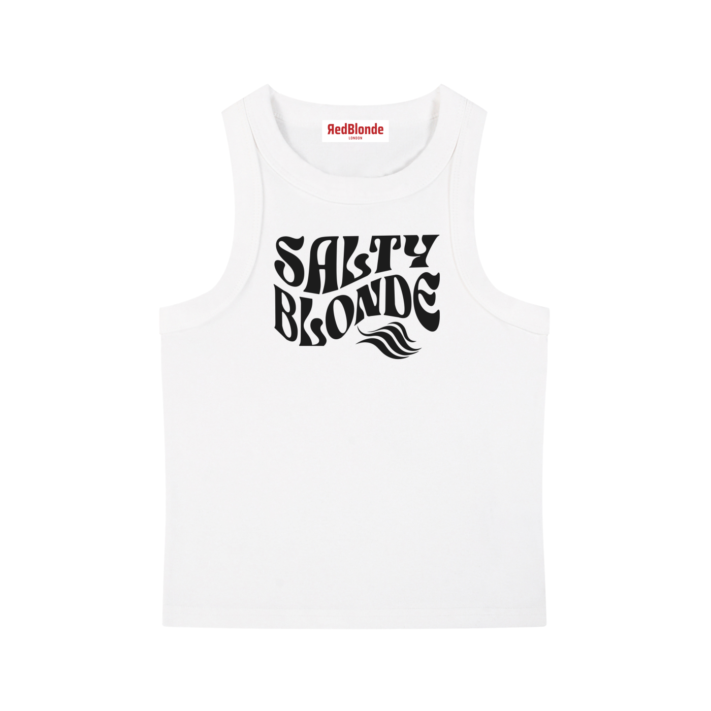 White sleeveless crop tank top with a high neckline, featuring a black Solino Display retro-style “Salty Blonde” font graphic across the chest and a RedBlonde London neck label