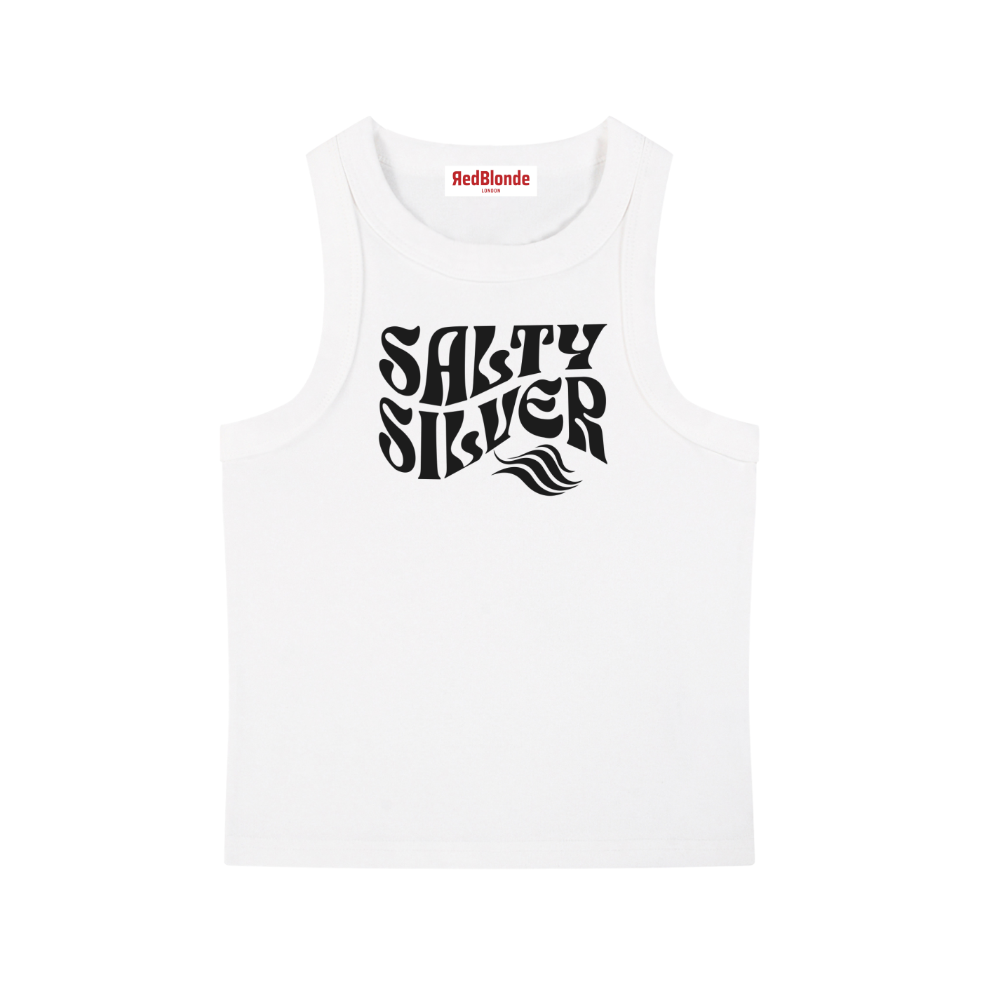 white sleeveless crop tank top with a high neckline, featuring a black Solino Display retro-style “Salty Silver” font graphic across the chest and a RedBlonde London neck label