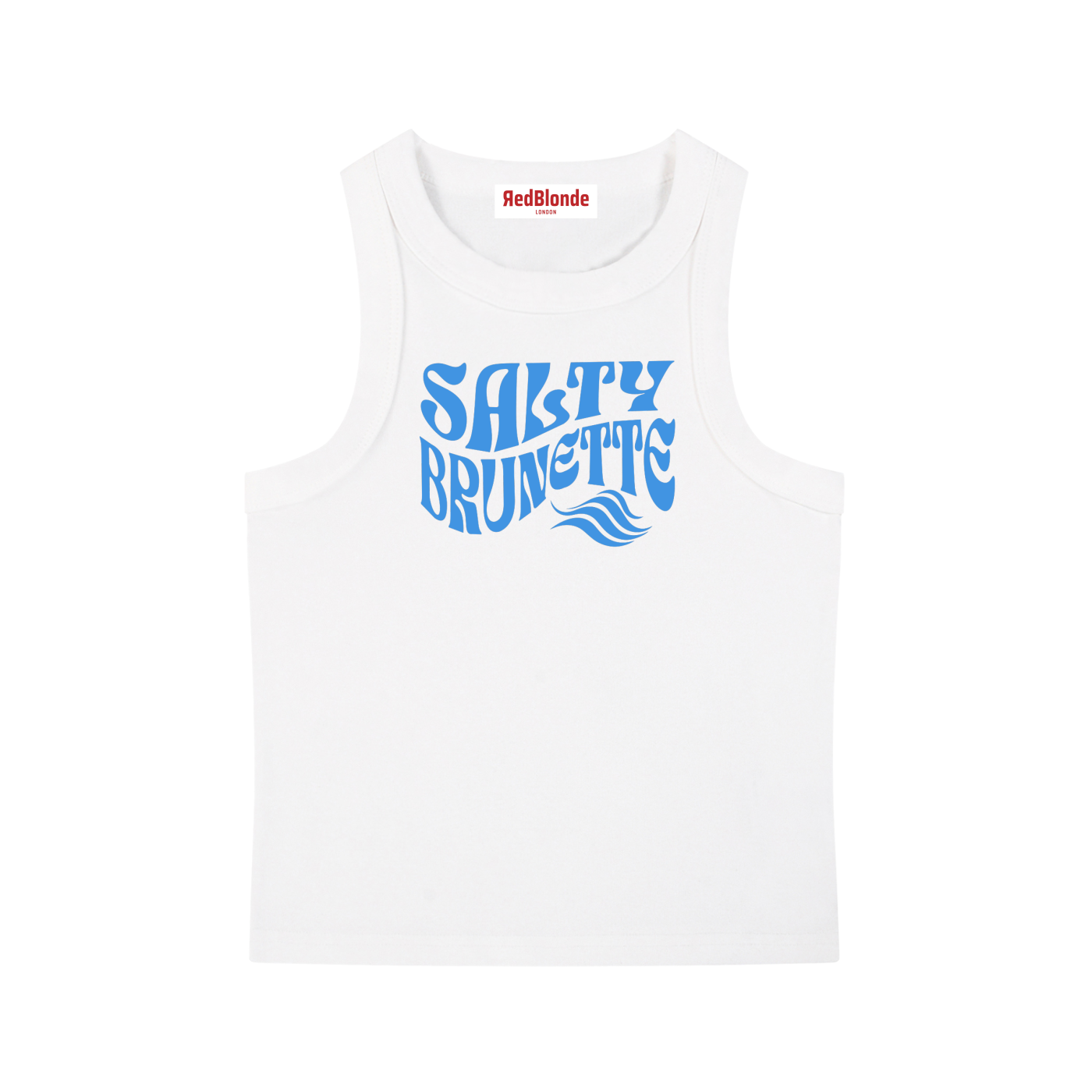 white sleeveless crop tank top with a high neckline, featuring a blue Solino Display retro-style “Salty Brunette” font graphic across the chest and a RedBlonde London neck label