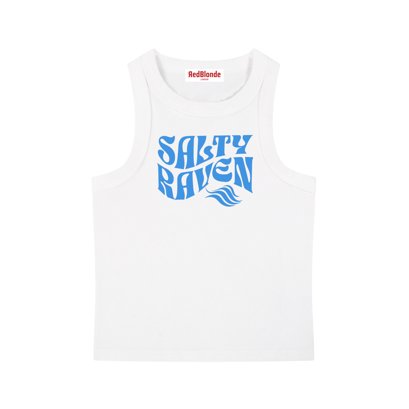 White sleeveless crop tank top with a high neckline, featuring a blue Solino Display retro-style “Salty Raven” font graphic across the chest and a RedBlonde London neck label
