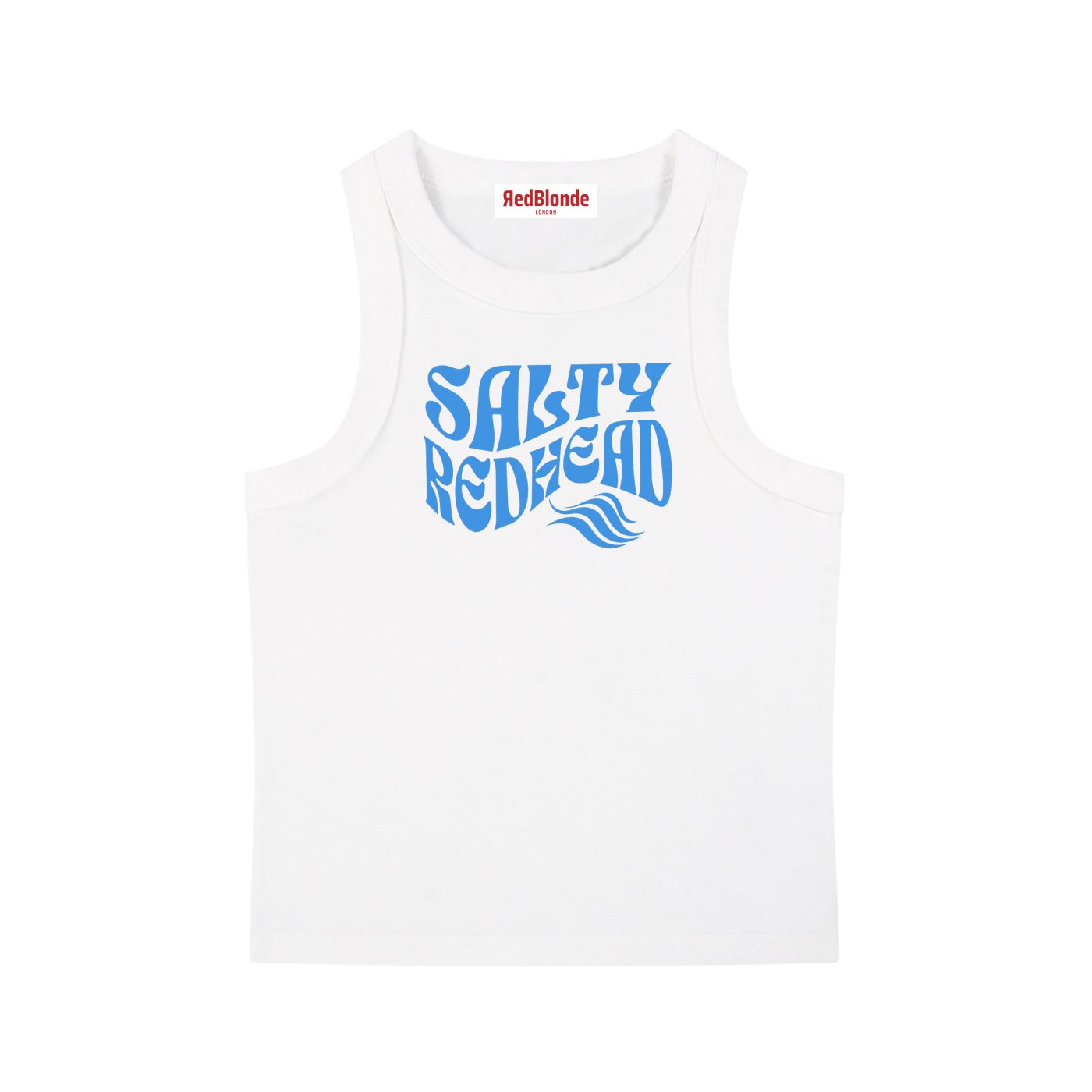 white sleeveless crop tank top with a high neckline, featuring a white Solino Display retro-style “Salty Redhead” font graphic across the chest and a RedBlonde London neck label