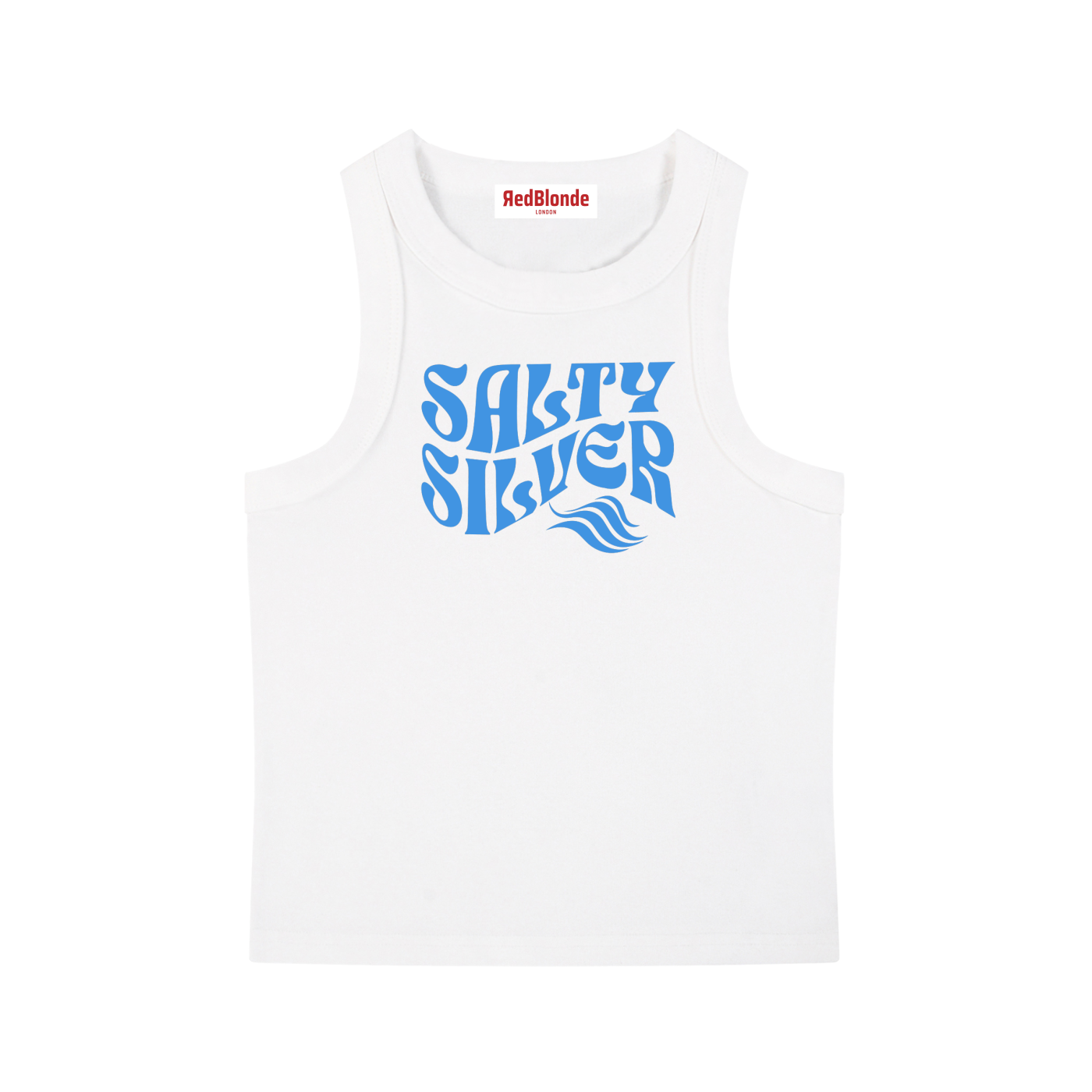white sleeveless crop tank top with a high neckline, featuring a blue Solino Display retro-style “Salty Silver” font graphic across the chest and a RedBlonde London neck label