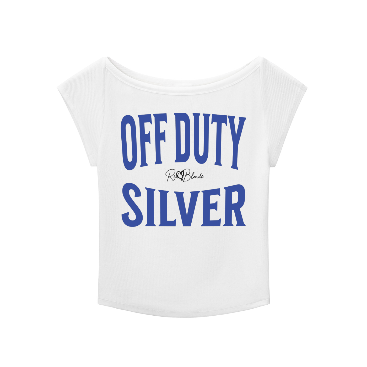 White raglan short-sleeve top with bold blue Brookfield lettering reading “OFF DUTY SILVER” with a small cursive RedBlonde logo between the words