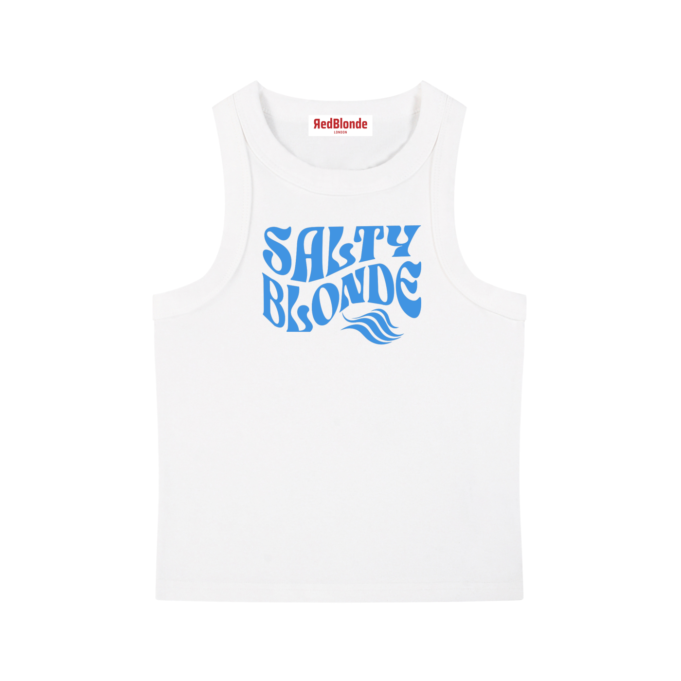 White sleeveless crop tank top with a high neckline, featuring a blue Solino Display retro-style “Salty Blonde” font graphic across the chest and a RedBlonde London neck label
