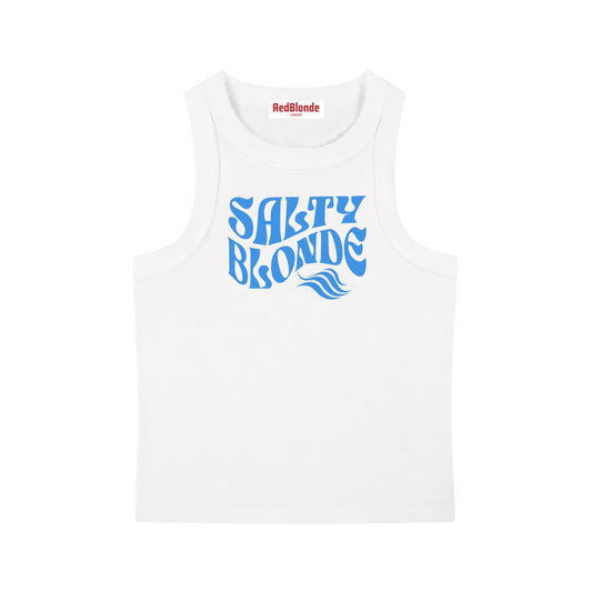 White sleeveless crop tank top with a high neckline, featuring a blue Solino Display retro-style “Salty Blonde” font graphic across the chest and a RedBlonde London neck label