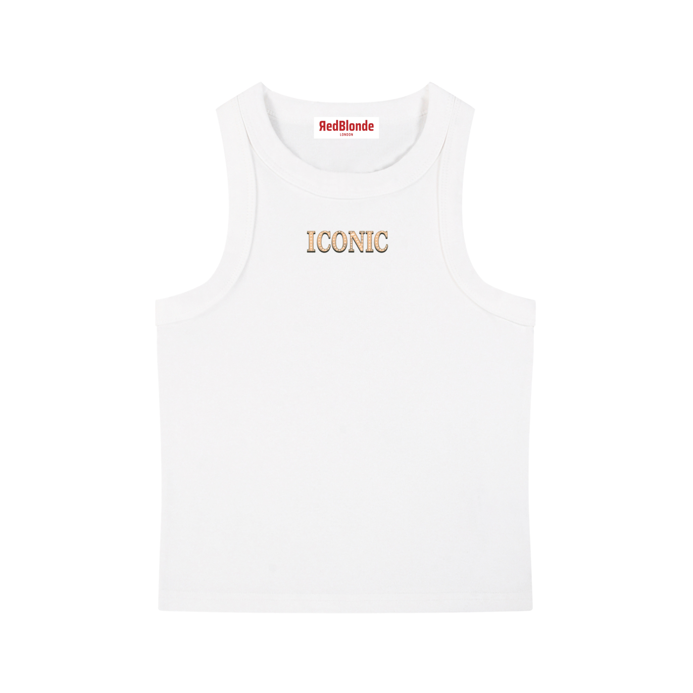 RedBlonde cropped white tank top with centred gold diamanté-effect "ICONIC" graphic print, scoop neck, sleeveless