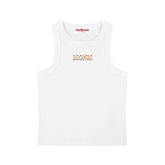 RedBlonde cropped white tank top with centred gold diamanté-effect "ICONIC" graphic print, scoop neck, sleeveless