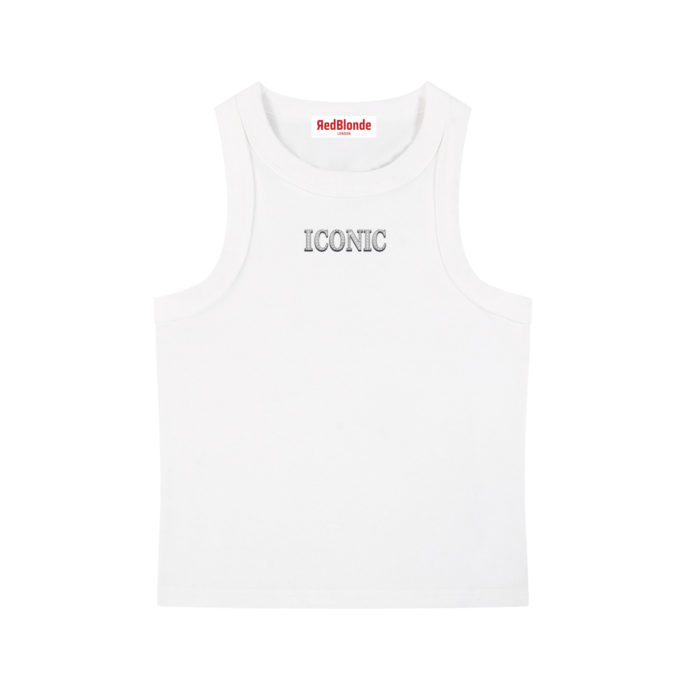 RedBlonde cropped white tank top with centred grey diamanté-effect "ICONIC" graphic print, scoop neck, sleeveless