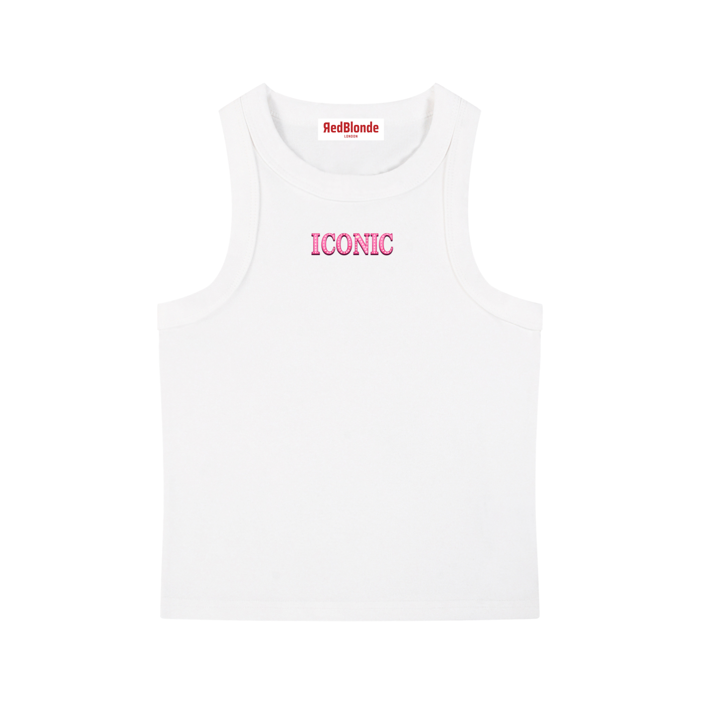 RedBlonde cropped white tank top with centred pink diamanté-effect "ICONIC" graphic print, scoop neck, sleeveless