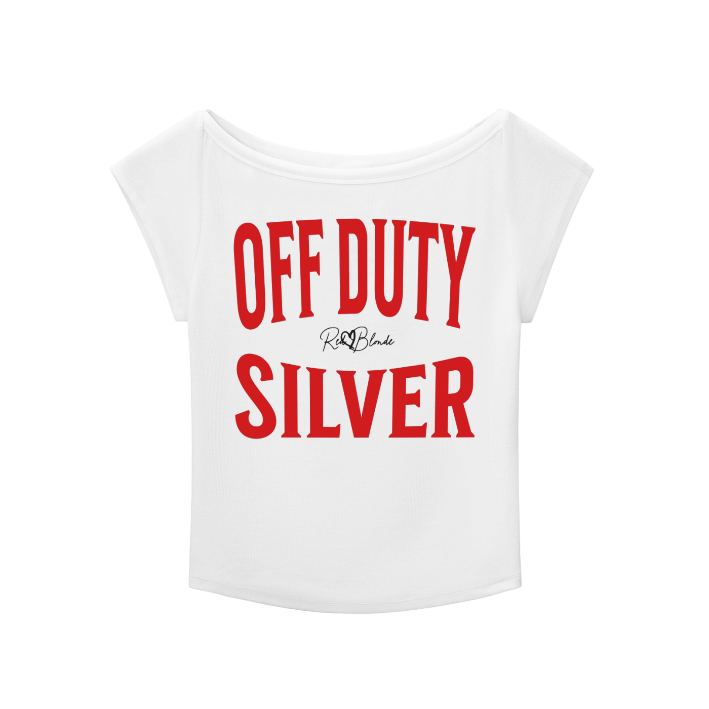 White raglan short-sleeve top with bold red Brookfield lettering reading “OFF DUTY SILVER” with a small cursive RedBlonde logo between the words