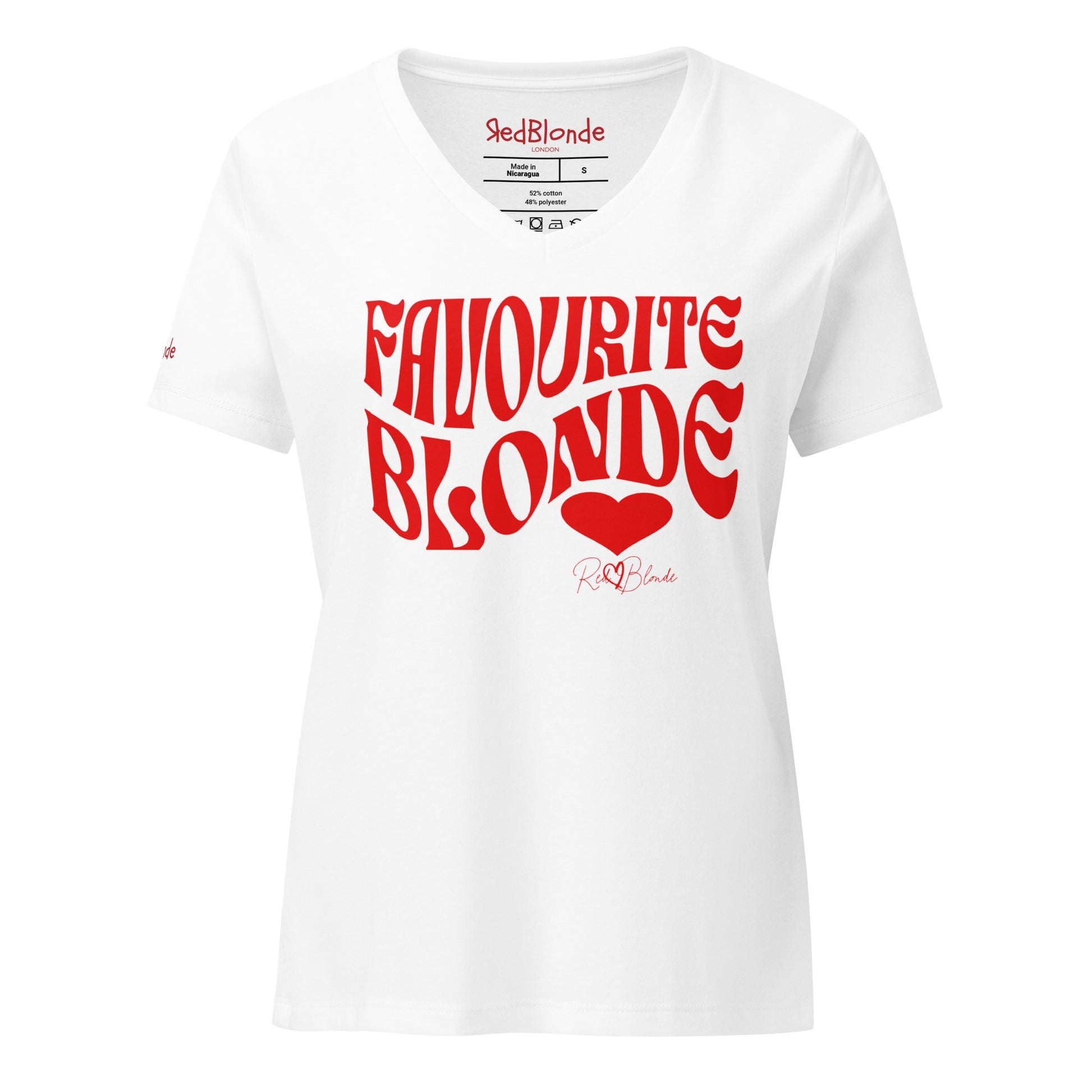 white women's loose fit v-neck graphic t-shirt with the slogan 'Favourite Blonde' in Solino Display red retro 70s wavy font. Signed with a heart and RedBlonde. Branded RedBlonde in red on inside neck and right sleeve