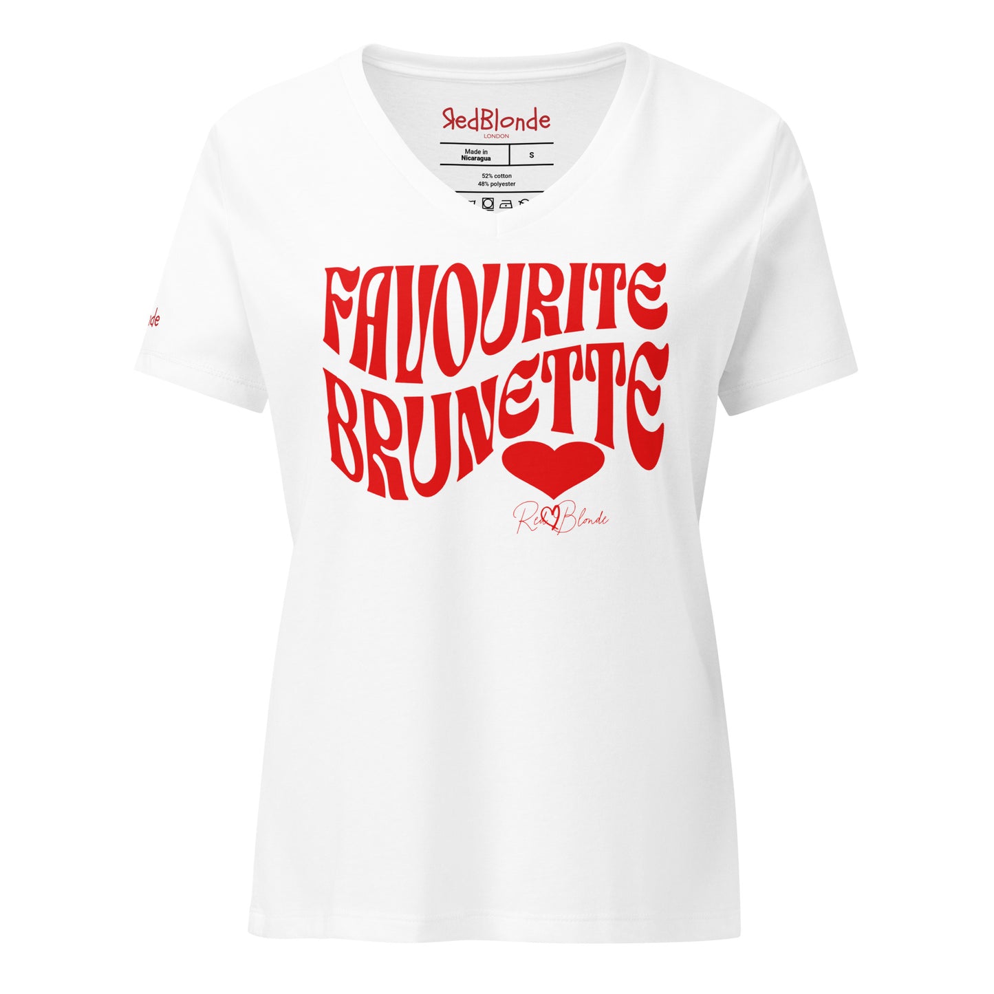 white women's loose fit v-neck graphic t-shirt with the slogan 'Favourite Brunette' in Solino Display red retro 70s wavy font. Signed with a heart and RedBlonde. Branded RedBlonde in red on inside neck and right sleeve