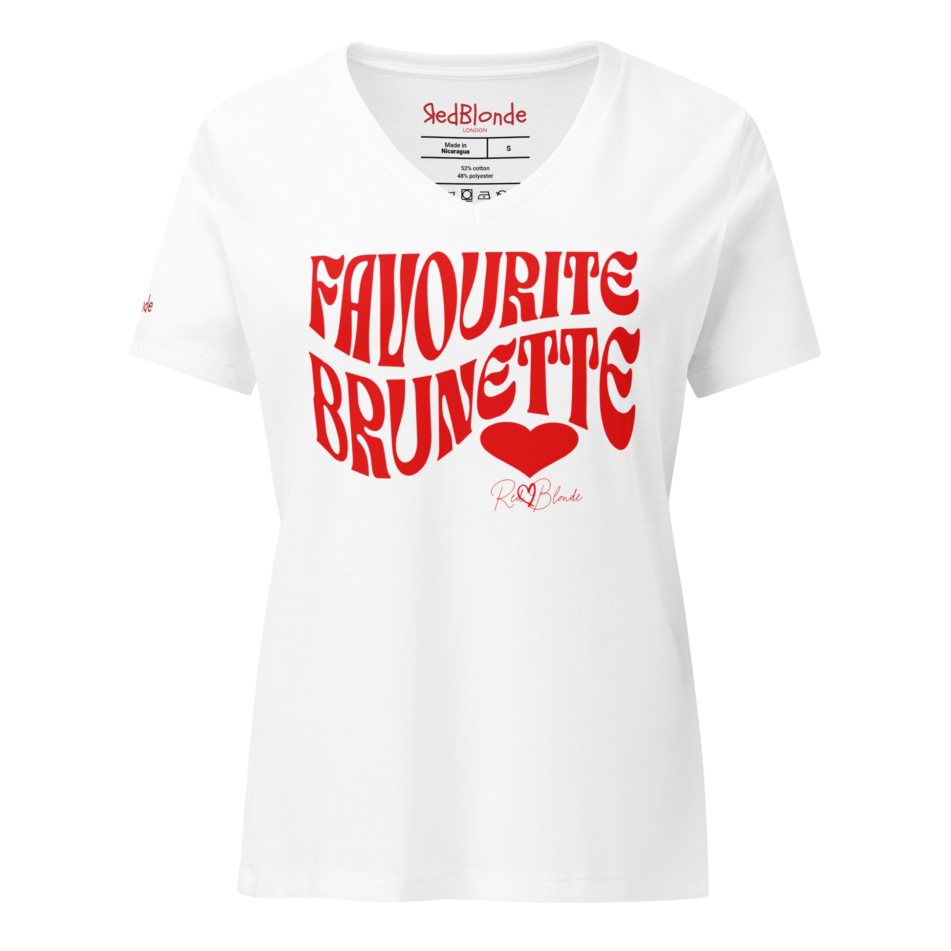 white women's loose fit v-neck graphic t-shirt with the slogan 'Favourite Brunette' in Solino Display red retro 70s wavy font. Signed with a heart and RedBlonde. Branded RedBlonde in red on inside neck and right sleeve
