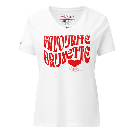 white women's loose fit v-neck graphic t-shirt with the slogan 'Favourite Brunette' in Solino Display red retro 70s wavy font. Signed with a heart and RedBlonde. Branded RedBlonde in red on inside neck and right sleeve