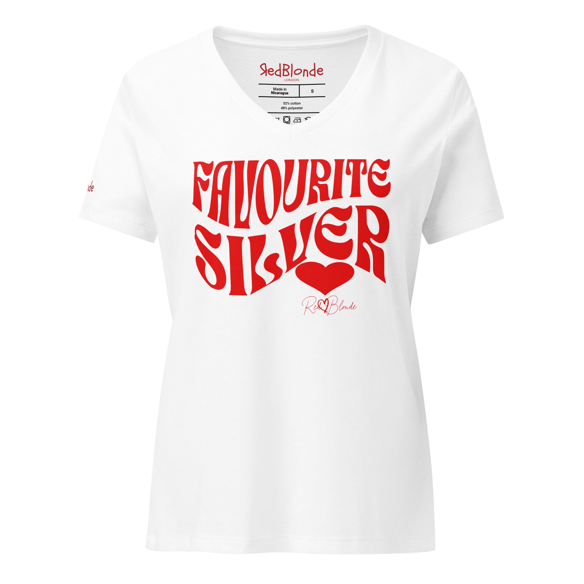 white women's loose fit v-neck graphic t-shirt with the slogan 'Favourite Silver' in Solino Display red retro 70s wavy font. Signed with a heart and RedBlonde. Branded RedBlonde in red on inside neck and right sleeve