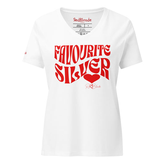 white women's loose fit v-neck graphic t-shirt with the slogan 'Favourite Silver' in Solino Display red retro 70s wavy font. Signed with a heart and RedBlonde. Branded RedBlonde in red on inside neck and right sleeve