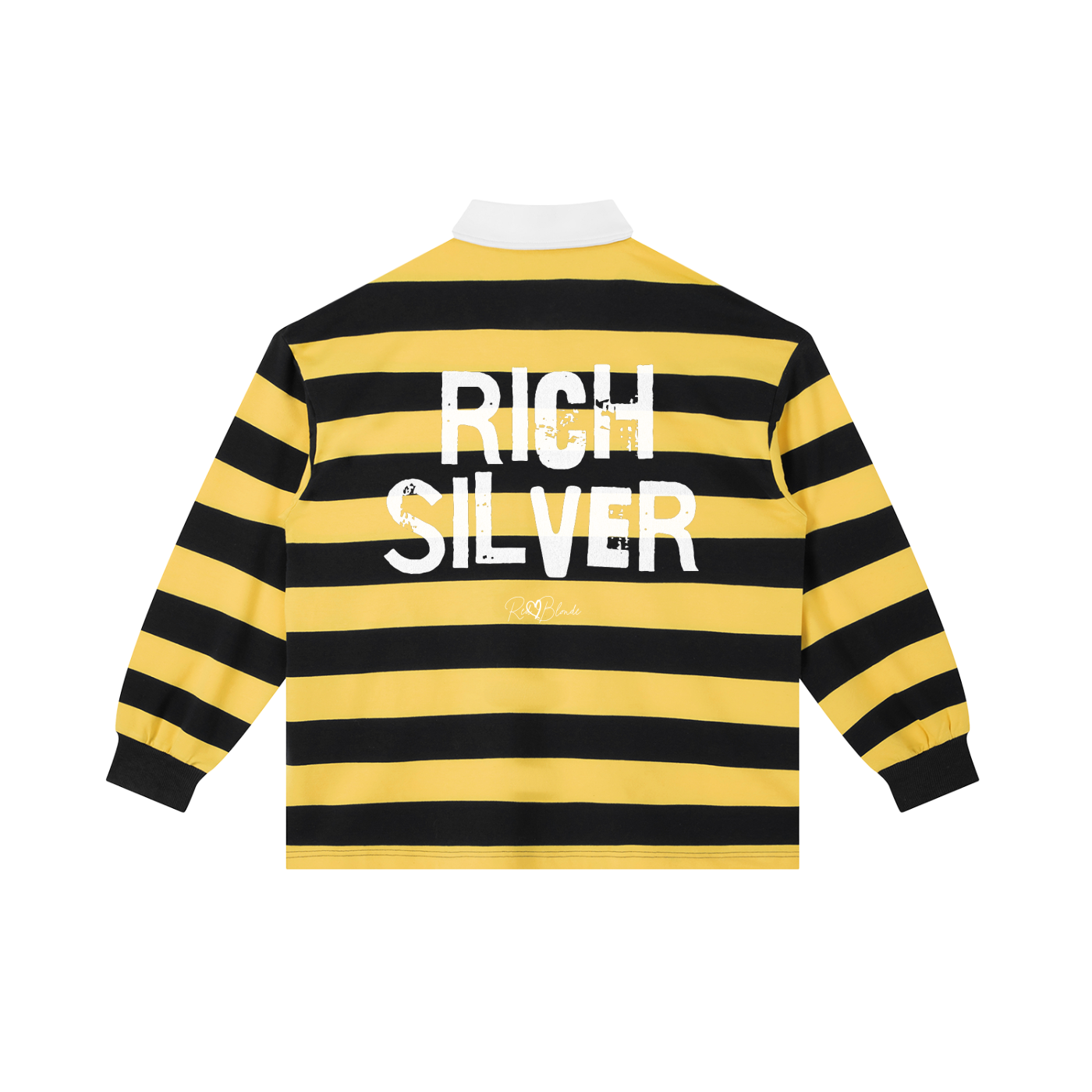 An image showing the back of a long-sleeved rugby polo shirt featuring a pattern of alternating horizontal yellow and black stripes. The center of the back displays the words "RICH SILVER" in large, distressed Ed Gein white block lettering, with a smaller signature-style logo printed directly underneath. The shirt is finished with a solid white collar and matching white ribbed cuffs.