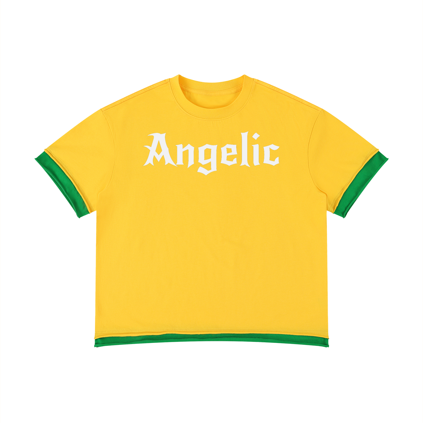 yellow boxy short sleeve t-shirt with green layered trim and Angelic graphic in New Rocker graphic across the chest.