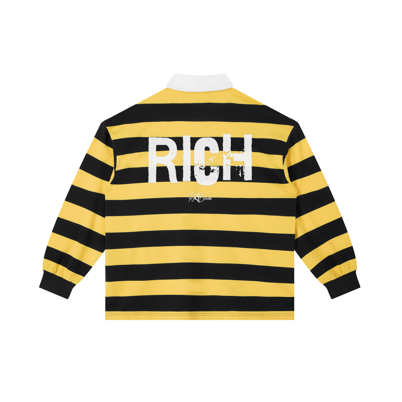 yellow and navy striped long-sleeve rugby shirt with a white collar, featuring a large white distressed “RICH” Ed Gein graphic and small RedBlonde logo printed across the back.
