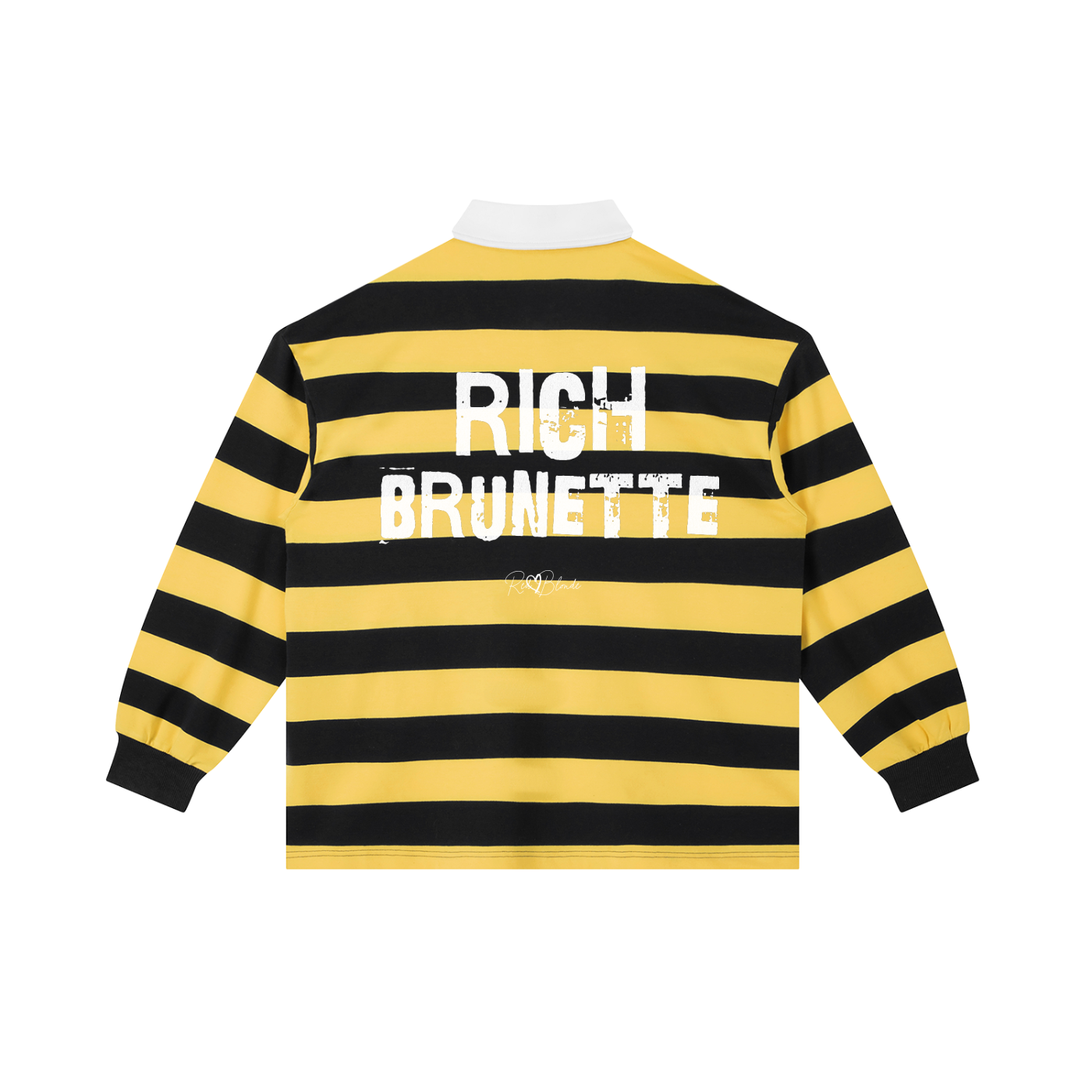 An image showing the back of a long-sleeved rugby polo shirt featuring a pattern of alternating horizontal yellow and navy stripes. The center of the back displays the words "RICH BRUNETTE" in large, distressed Ed Gein white block lettering, with a smaller signature-style logo printed directly underneath. The shirt is finished with a solid white collar and matching white ribbed cuffs.