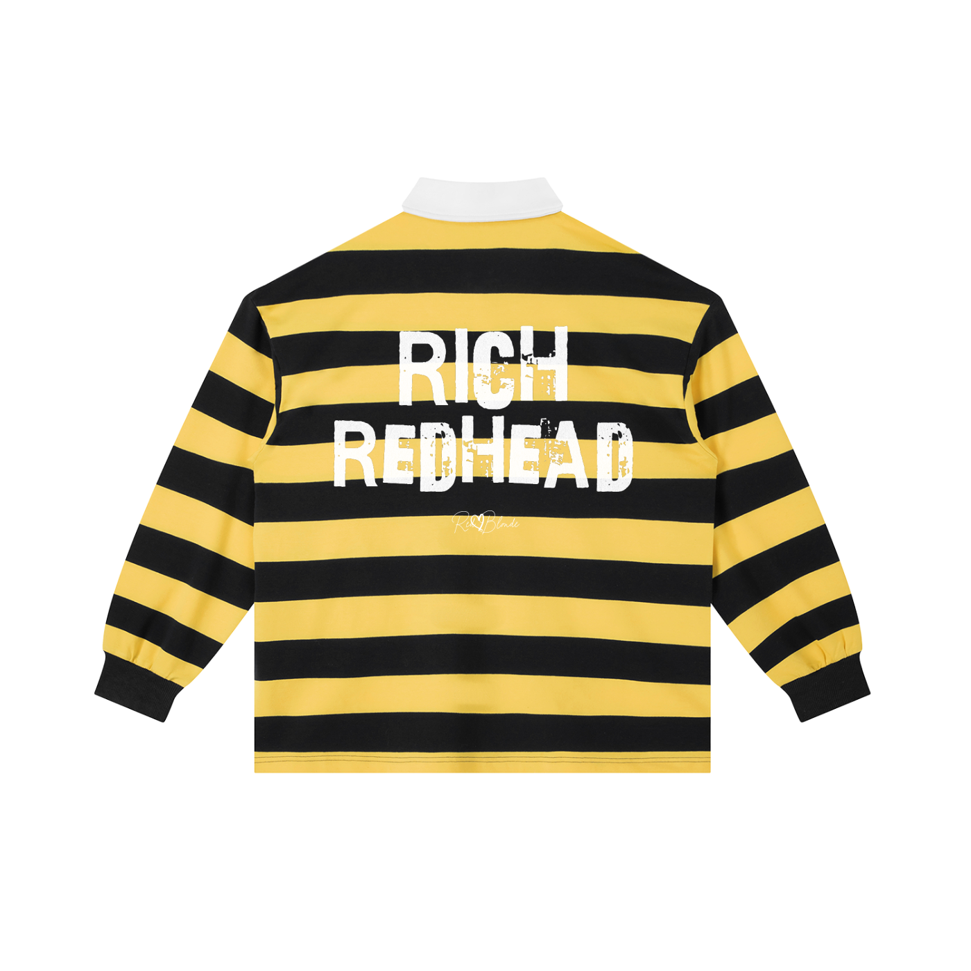 An image showing the back of a long-sleeved rugby polo shirt featuring a pattern of alternating horizontal navy and yellow stripes. The center of the back displays the words "RICH REDHEAD" in large, distressed Ed Gein white block lettering, with a smaller signature-style logo printed directly underneath. The shirt is finished with a solid white collar and matching white ribbed cuffs.