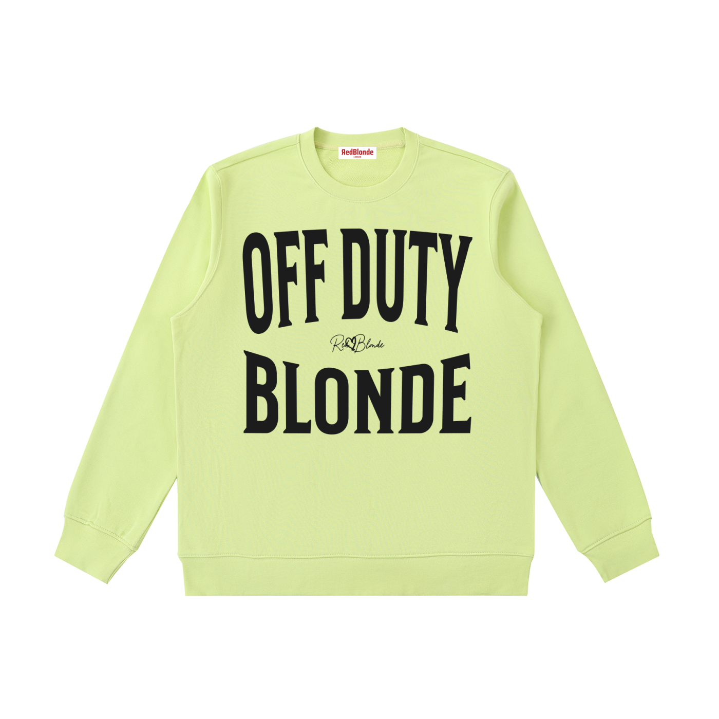 yellow crewneck sweatshirt with a large black “OFF DUTY BLONDE” graphic across the chest and a small RedBlonde script logo centered between the words.